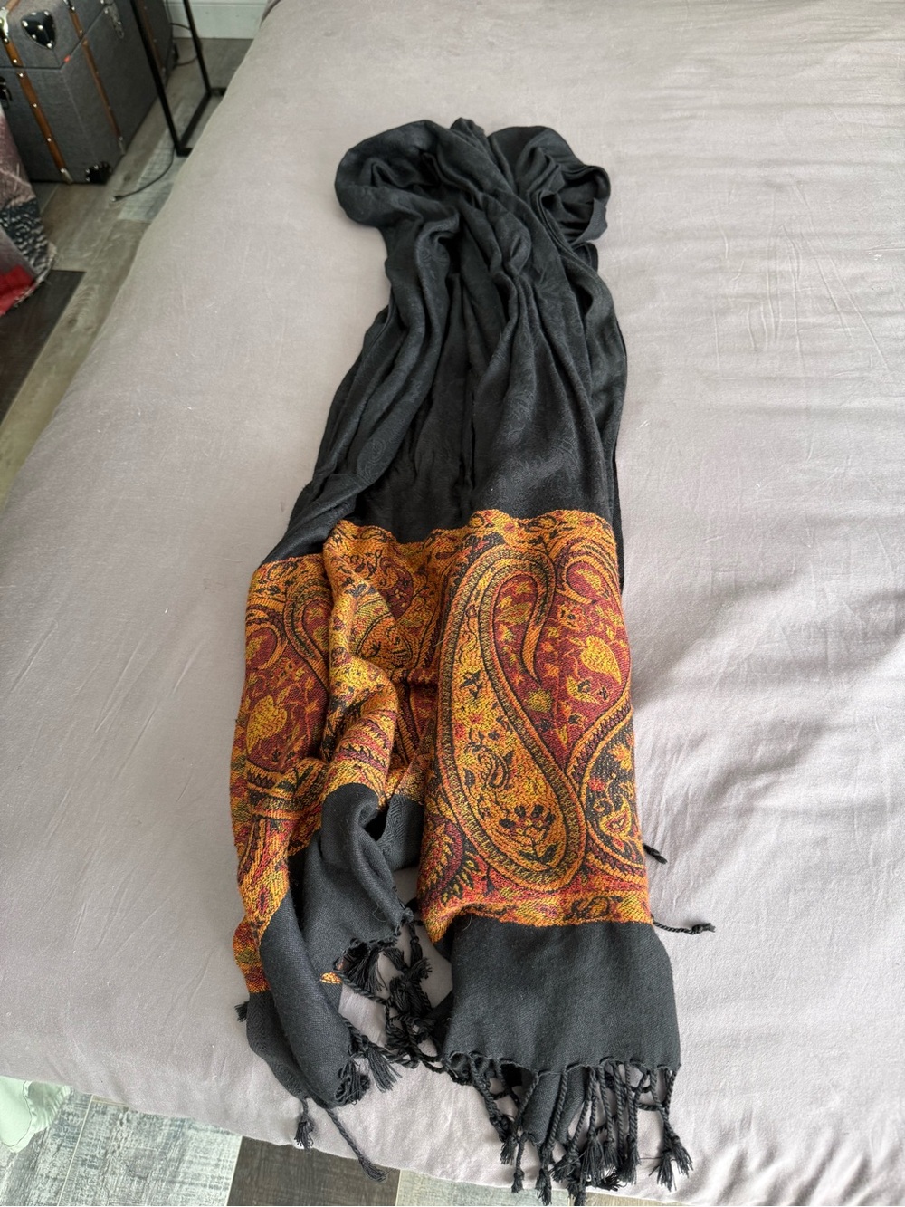 Black and Paisley Orange Decorative Throw Scarf -